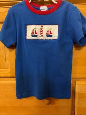 Vive La Fete Boy's Blue Tee Shirt with Lighthouse and Sailboat Smocking Size 6